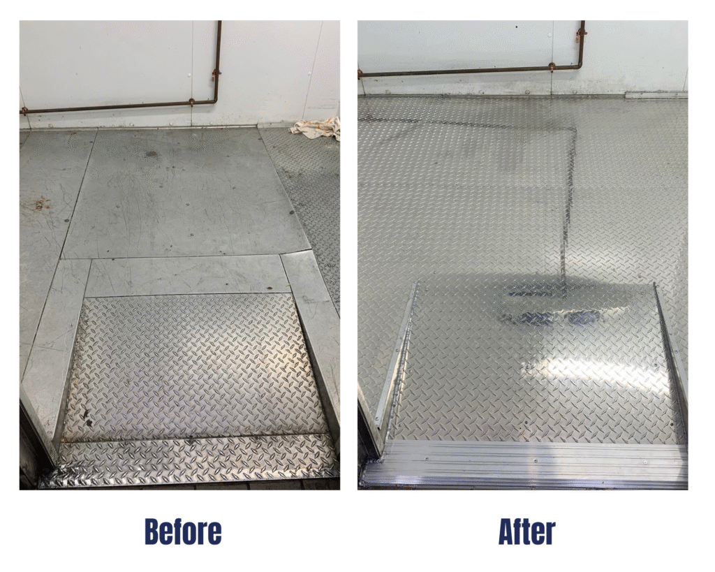 Before and after diamond-plate walk-in floor