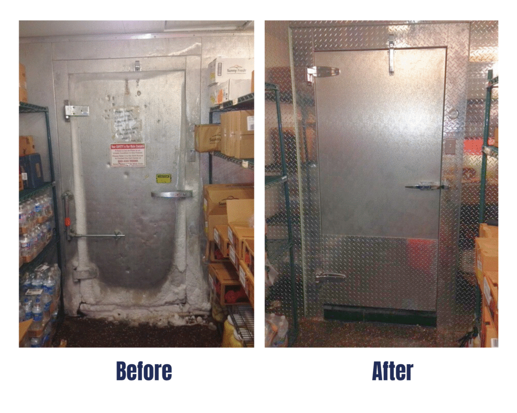 Before and after custom walk-in freezer door and frame